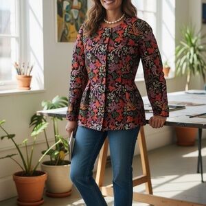 Vintage Biva Saint Honoré Paris Brocade Jacket Black Floral Bird Embroidered